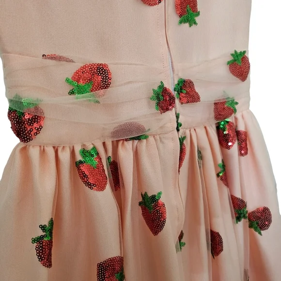 Nwot Magnolia Park Peach w/ Sequined Strawberries Faux Wrap Flutter Sleeve Dress - Picture 14 of 17
